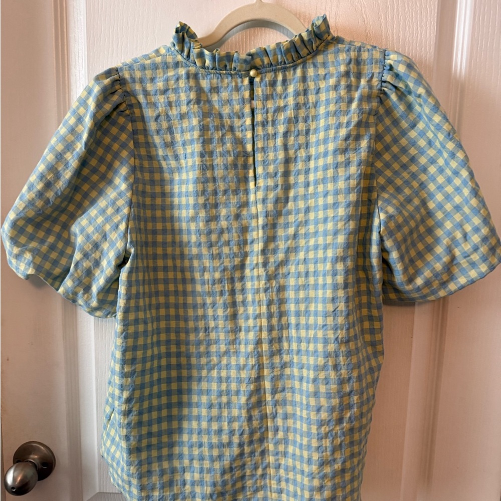Plaid Ruffle Neck Blouse in Blue and Yellow - Picture 2 of 2